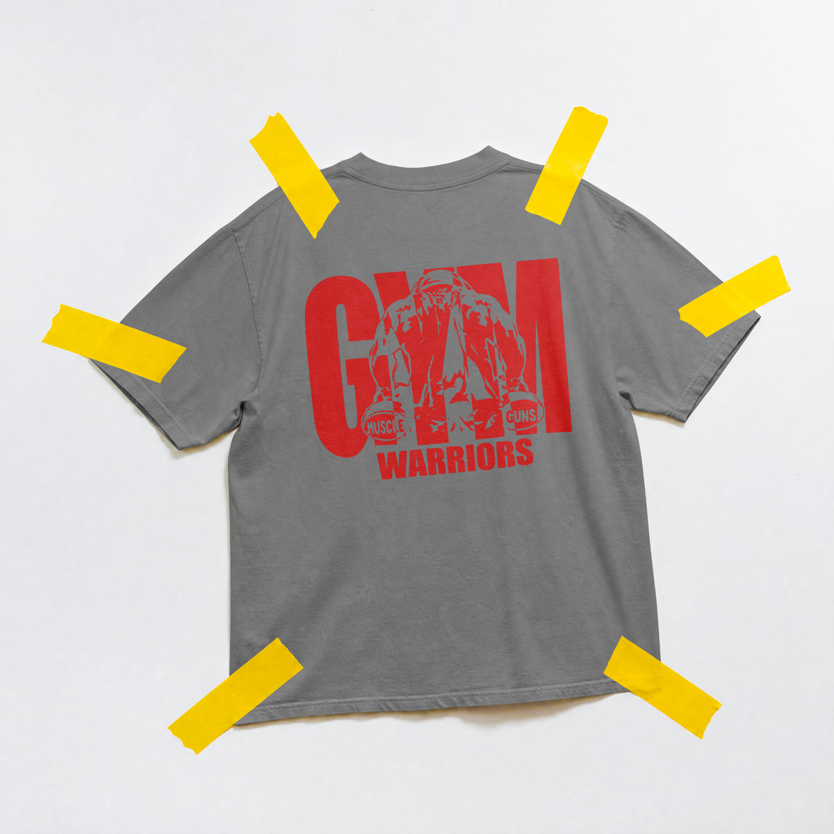 Charcoal grey Gym Warriors cotton T-shirt flat lay showing red front print