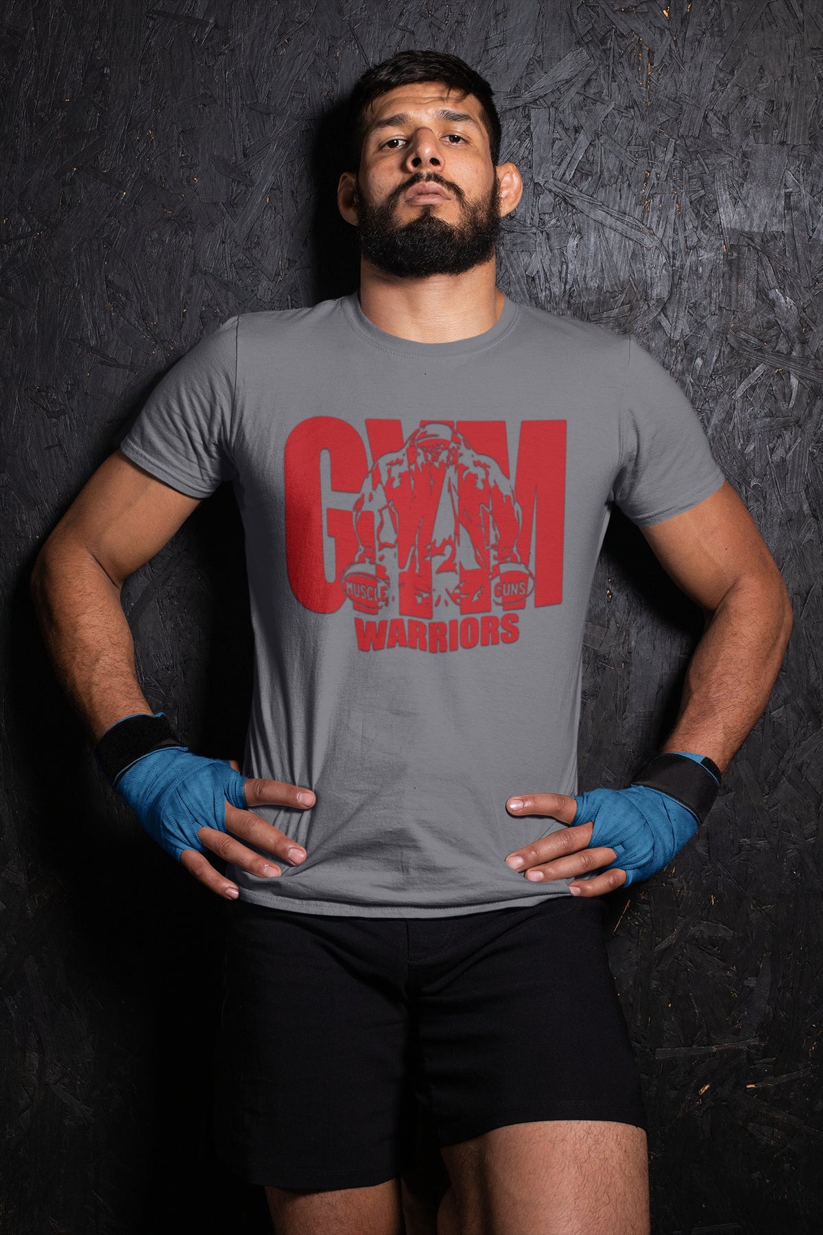 Man wearing charcoal grey Gym Warriors printed crew neck cotton T-shirt