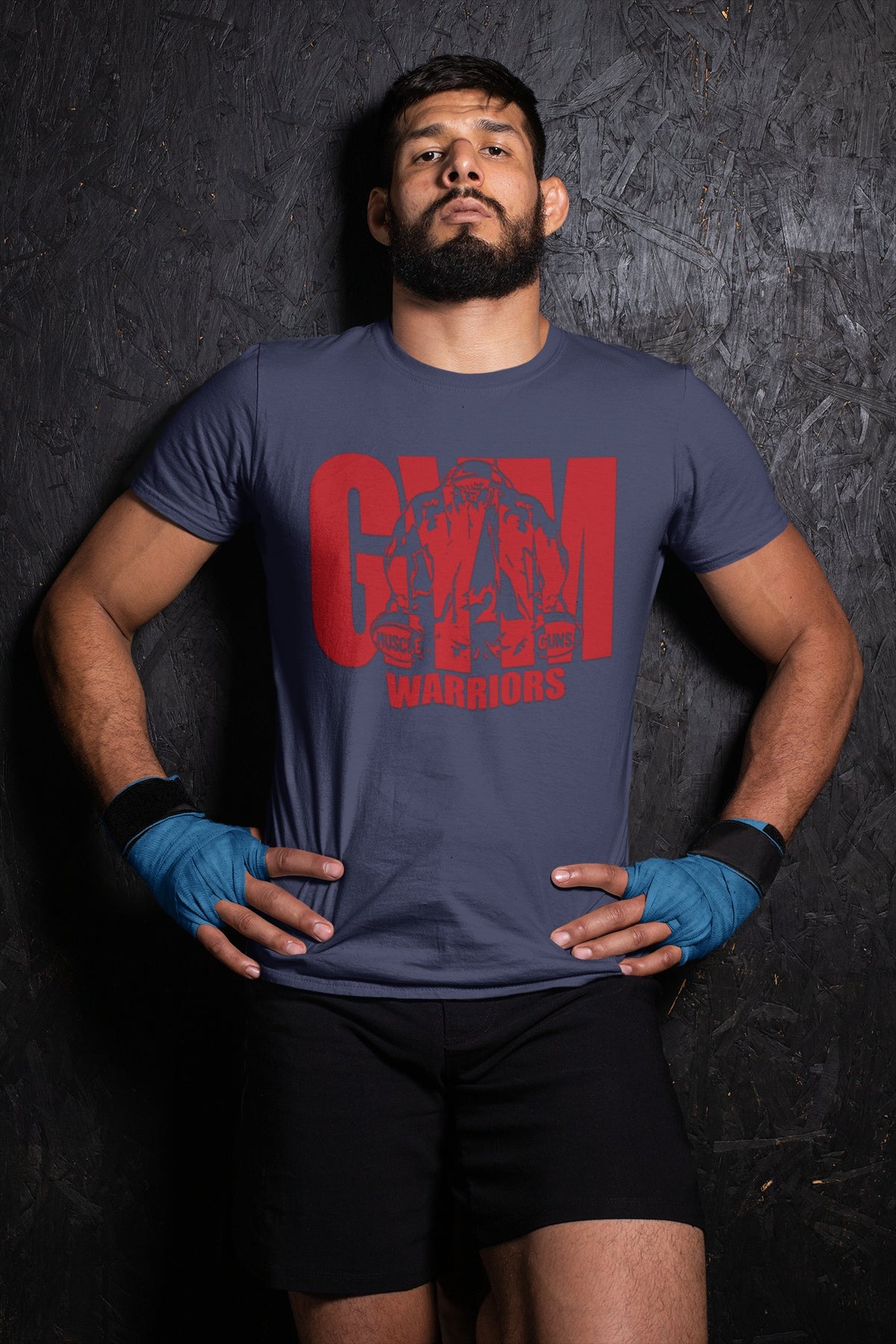 Man wearing navy blue Gym Warriors printed crew neck cotton T-shirt