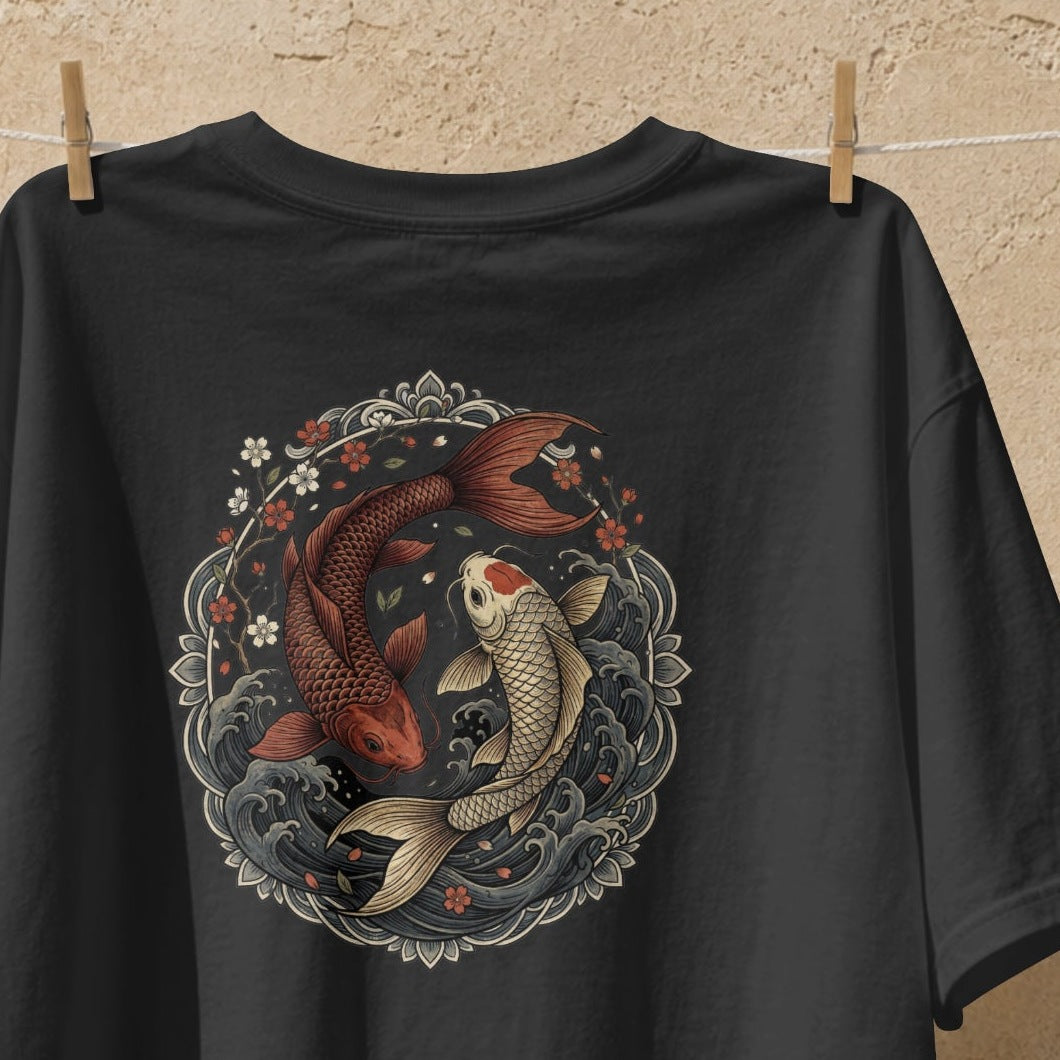 Close-up of the koi fish yin yang print on the Nauma black cotton T-shirt