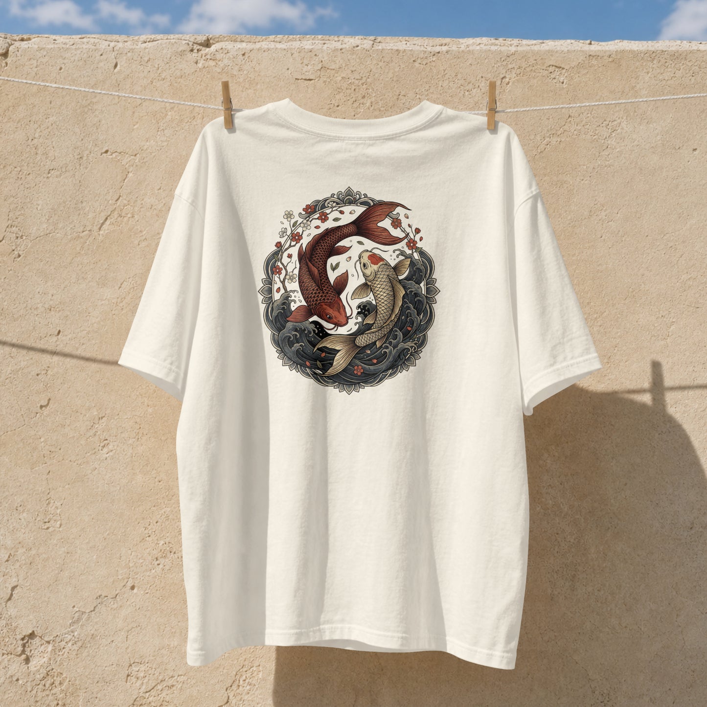 Nauma off white koi fish yin yang cotton T-shirt hanging outdoors, front print detail