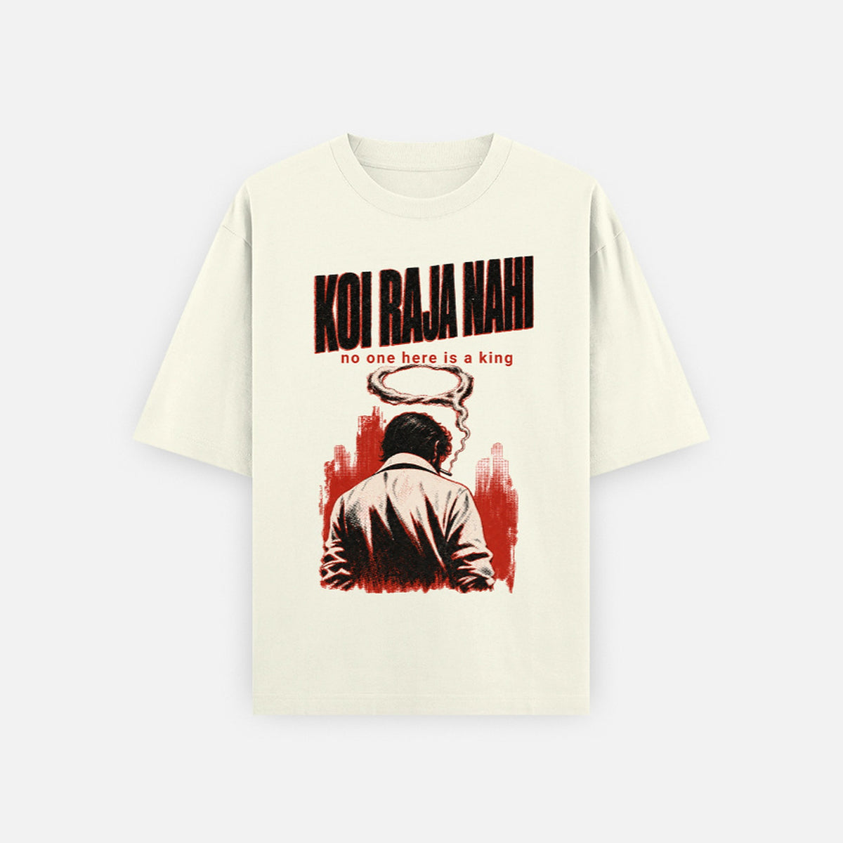 Off white Koi Raja Nahi oversized tee flat lay showing the noir figure and red city print