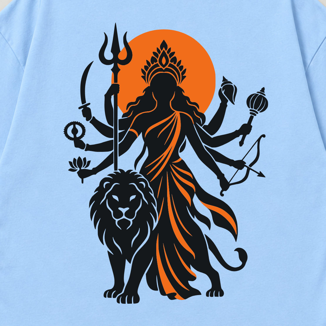Baby Blue Maa Durga Saffron Sun back print close-up, Durga beside her lion against an orange sun