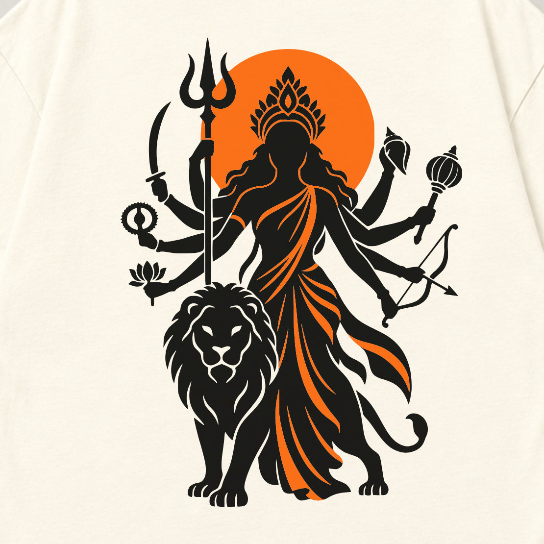 Off white Maa Durga Saffron Sun back print close-up, Durga beside her lion against an orange sun