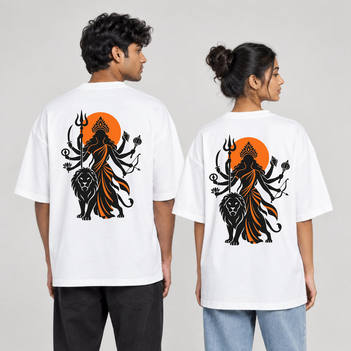 White Maa Durga Saffron Sun back print unisex oversized t-shirt worn by a man and a woman, back view