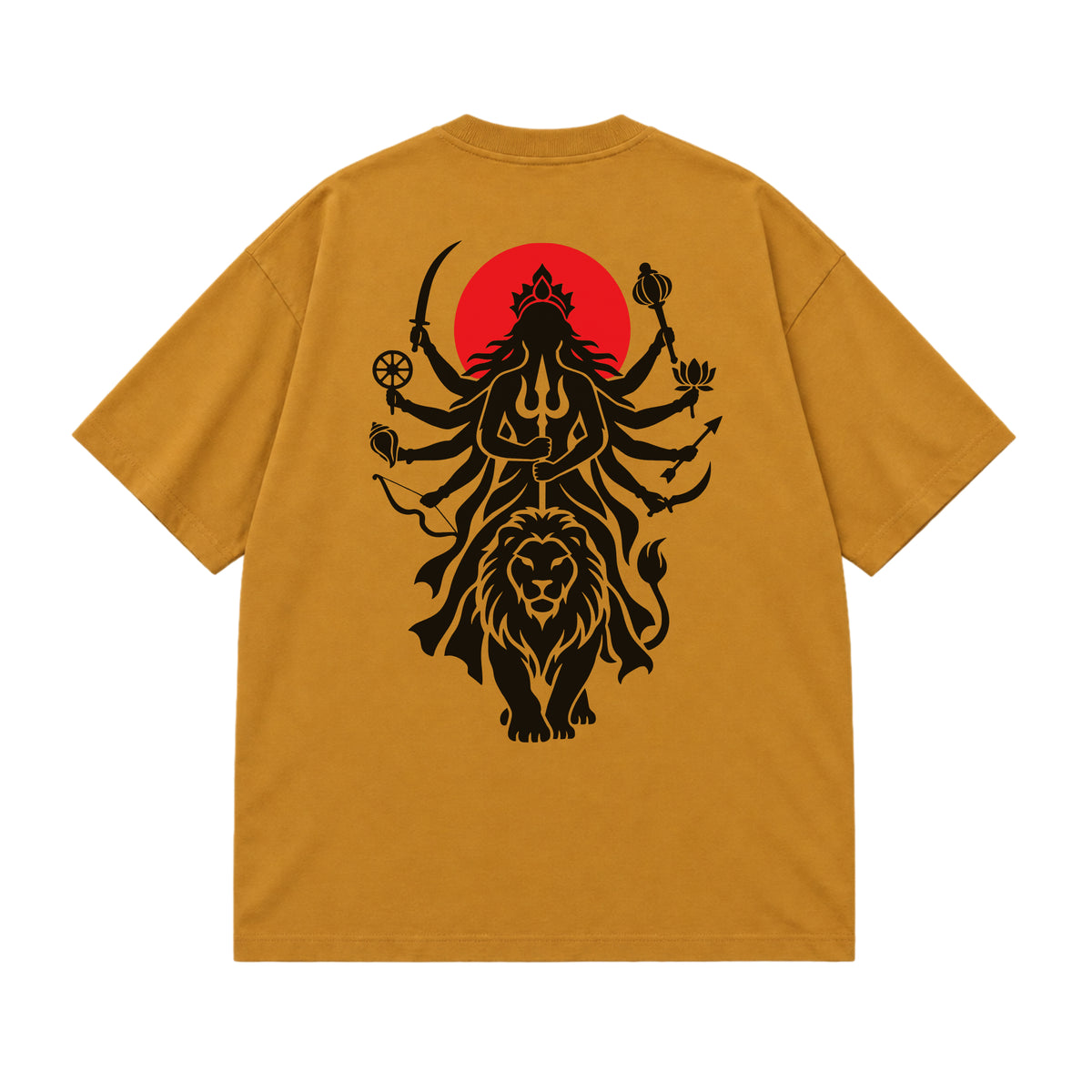 Mustard Yellow Maa Durga Shakti oversized t-shirt laid flat, showing the Durga and lion back print