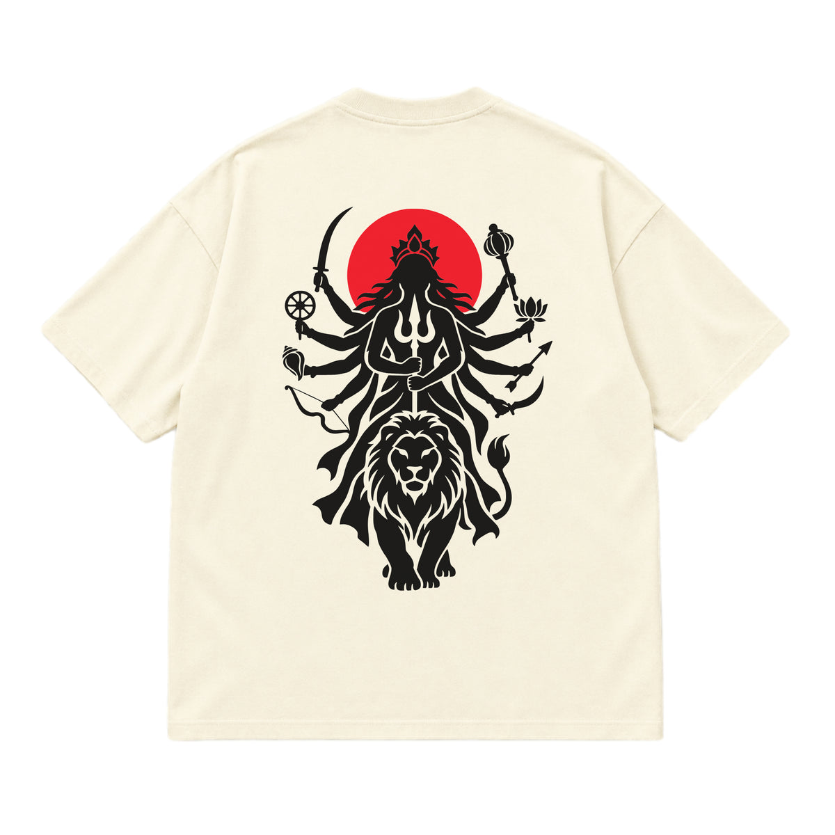 Off white Maa Durga Shakti oversized t-shirt laid flat, showing the Durga and lion back print