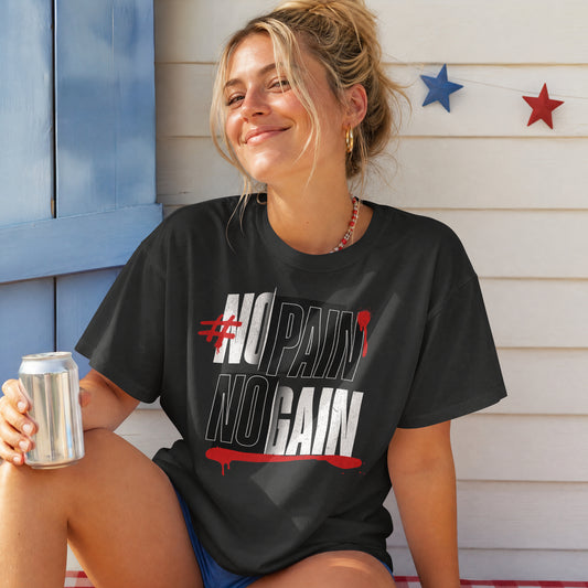 Woman wearing the black No Pain No Gain oversized gym T-shirt, distressed white and red front print, relaxed drop-shoulder fit