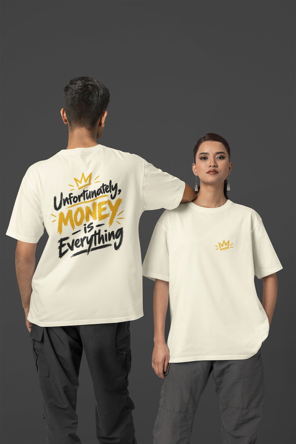 Off white Unfortunately Money Is Everything oversized T-shirt on a man and woman, dark back slogan print with MONEY in mustard yellow, small crown on the front chest