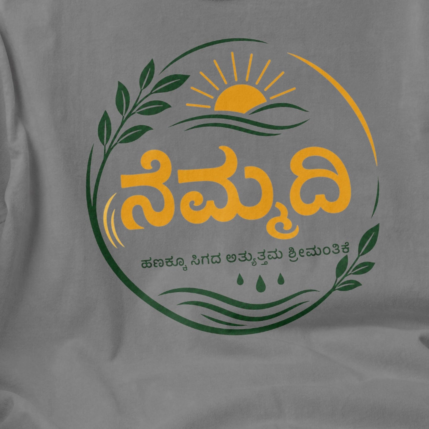 Close-up of Nemmadi Kannada typography print on charcoal grey men's t-shirt