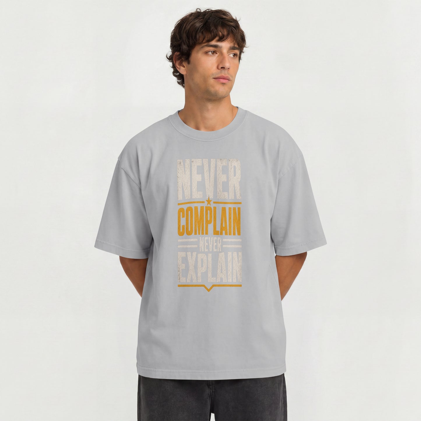 Melange Grey Never Complain Never Explain | Oversized Drop Shoulder T-Shirt (100% Cotton) | Nauma India