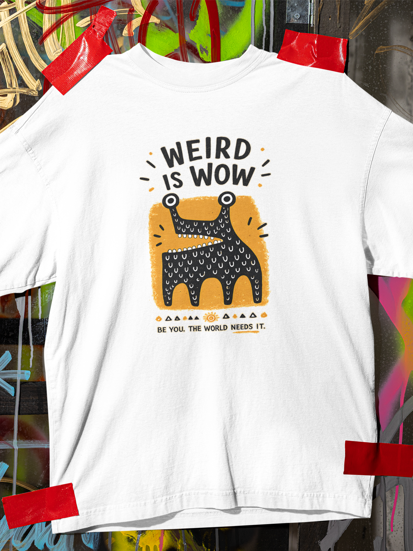 White oversized unisex graphic t-shirt featuring Weird Is Wow motivational artwork