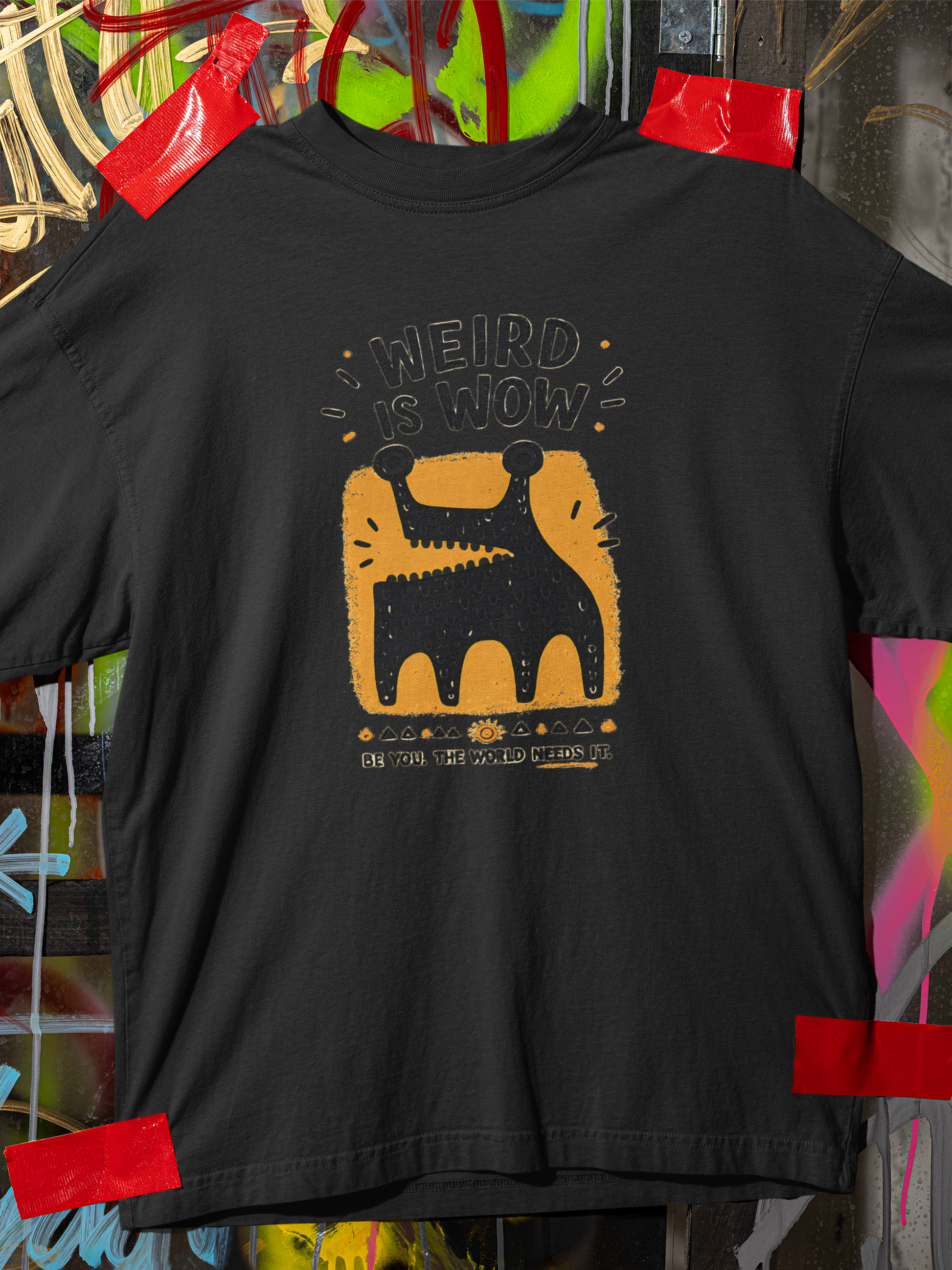 Black oversized unisex cotton t-shirt featuring Weird Is Wow quirky monster graphic print