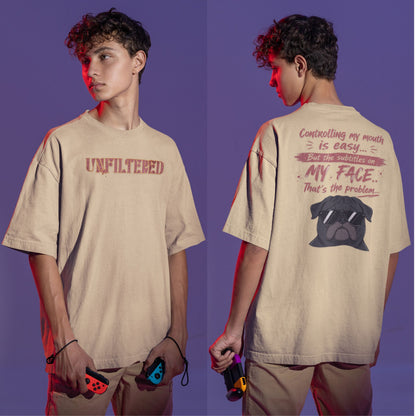 Beige Funny oversized graphic t-shirt with sarcastic quote and cool dog design for Indian meme lovers and casual streetwear fans