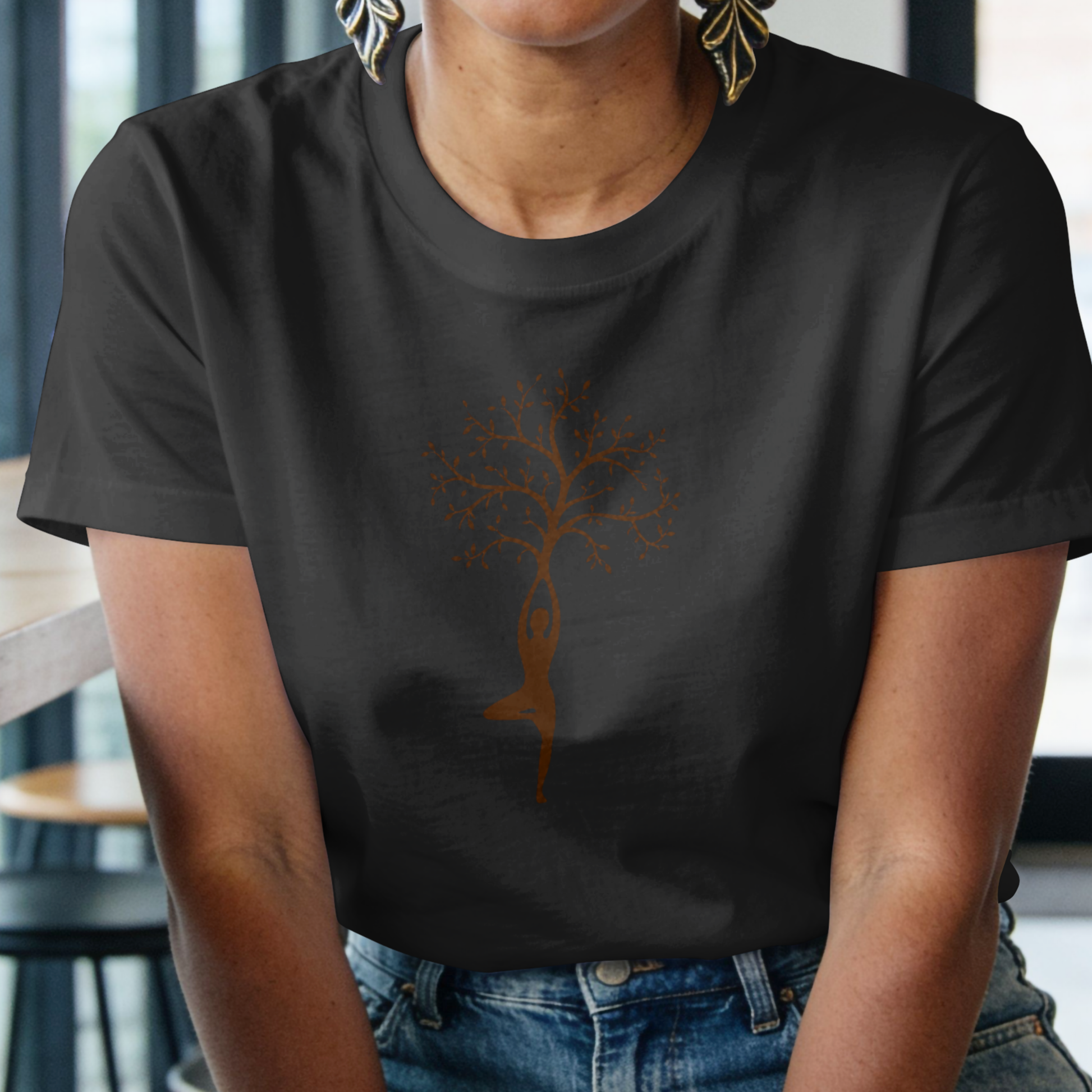 Black Women's Tree of Life Yoga Graphic T-Shirt in premium cotton with Vrikshasana yoga pose print and round neck design