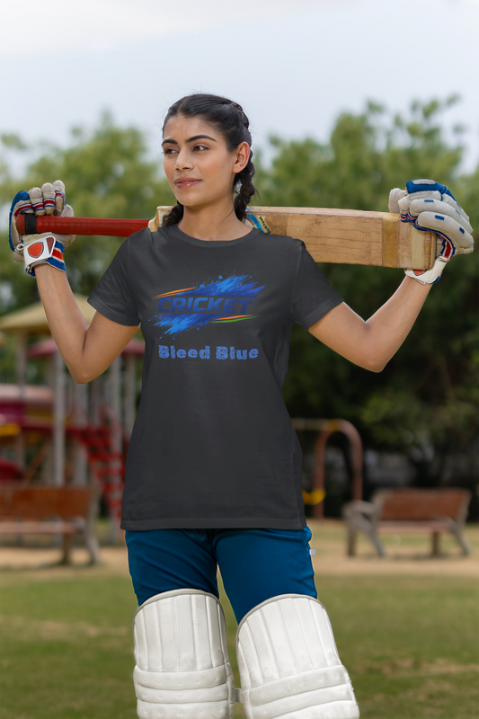 Woman holding a cricket bat with a  black t-shirt in an outdoor setting