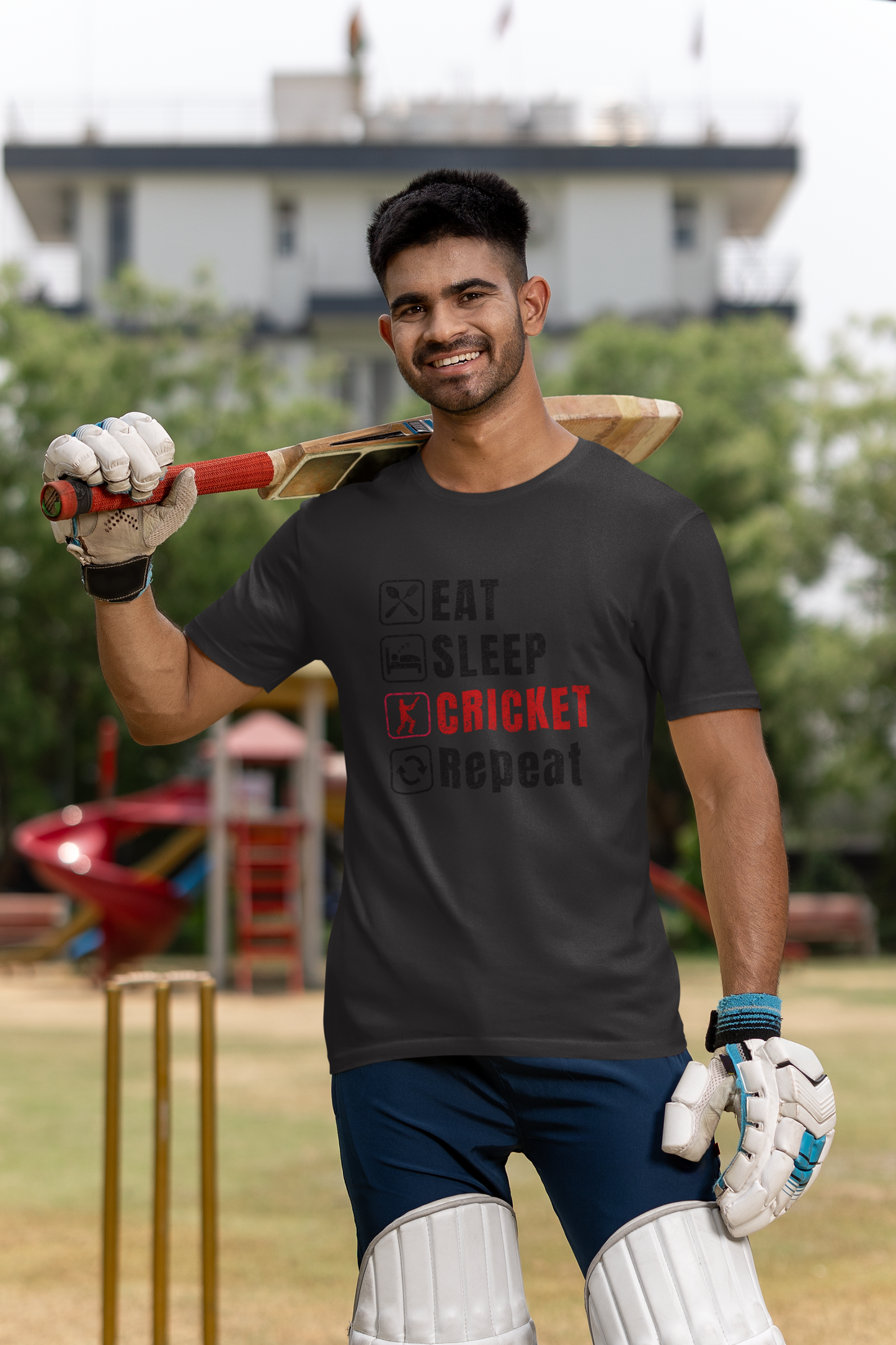 Black Graphic tee featuring Eat Sleep Cricket Repeat slogan, ideal for Indian cricket enthusiasts
