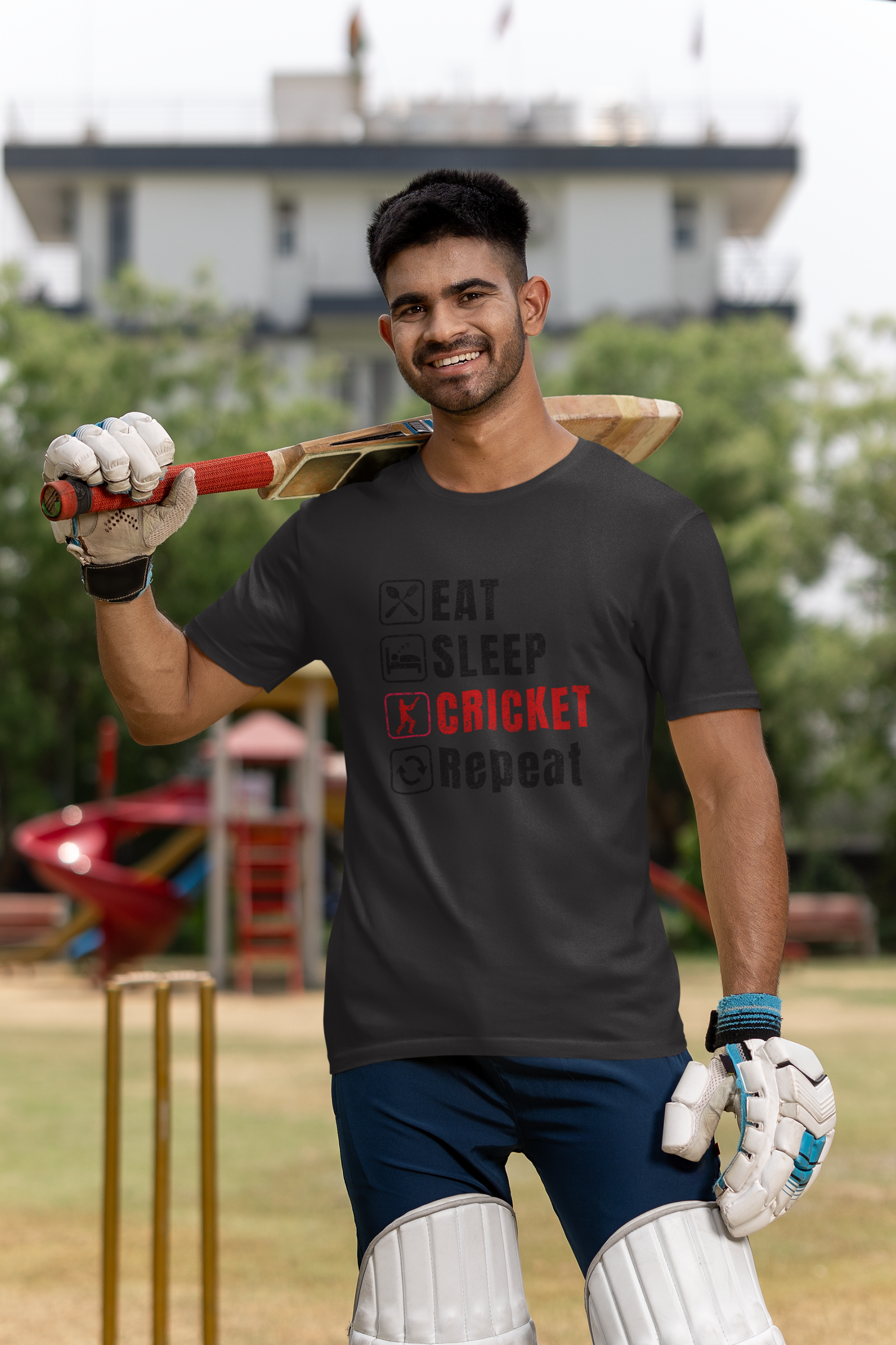 Black Graphic tee featuring Eat Sleep Cricket Repeat slogan, ideal for Indian cricket enthusiasts