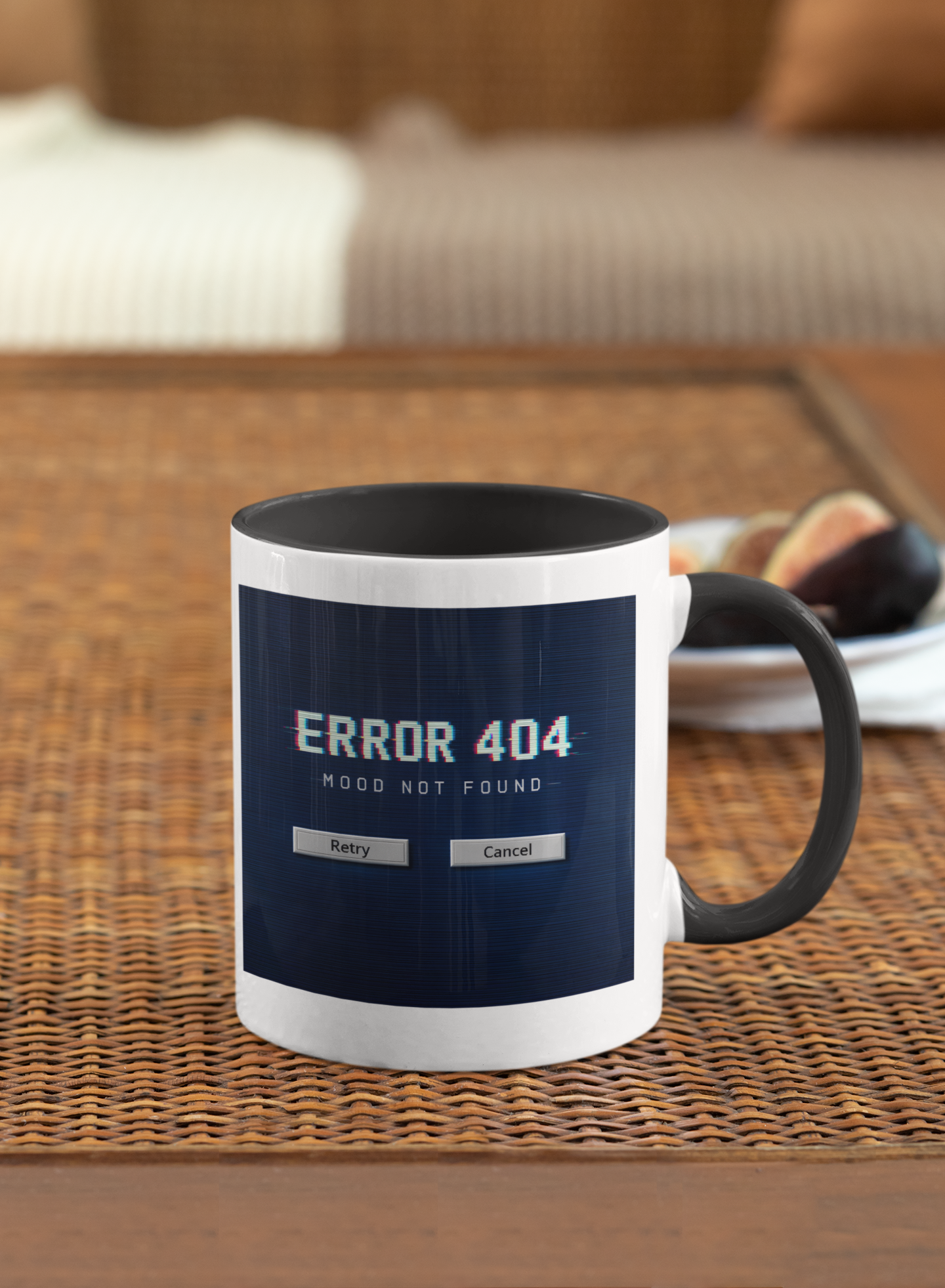 Retro Error 404 Mood Not Found mug with vintage computer aesthetic on dark blue background, 11 oz ceramic coffee mug