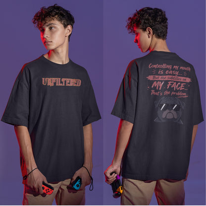 Black Funny oversized graphic t-shirt with sarcastic quote and cool dog design for Indian meme lovers and casual streetwear fans
