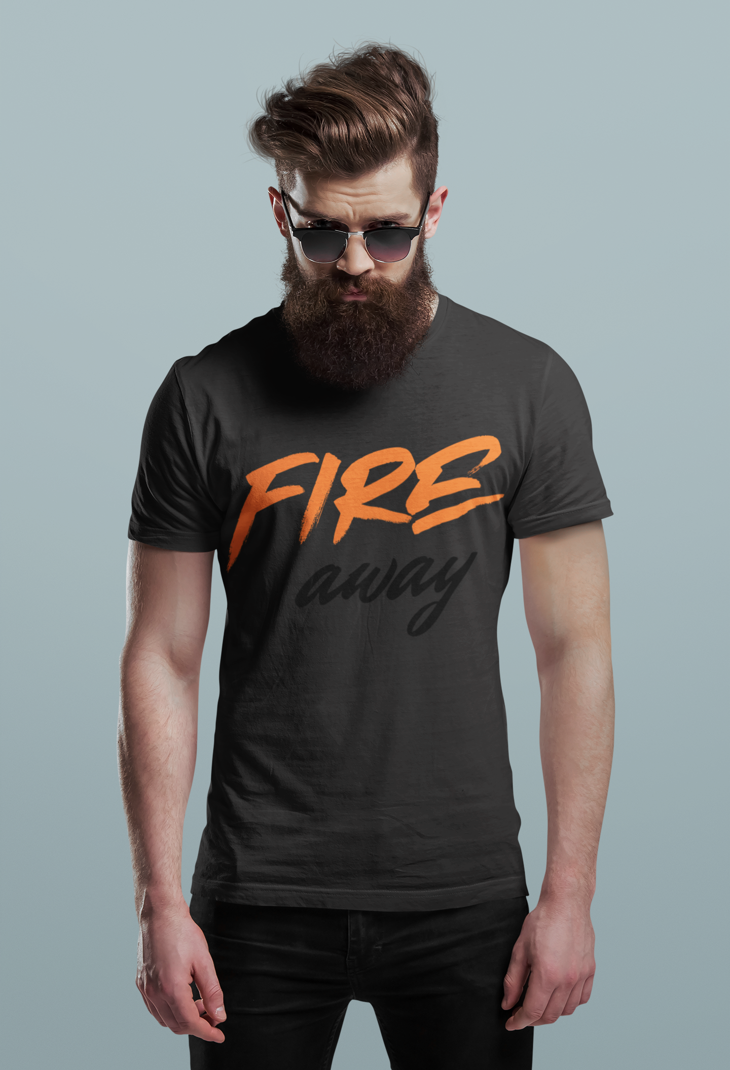 Black Nauma Fire Away t-shirt for men, bold orange brush typography graphic
