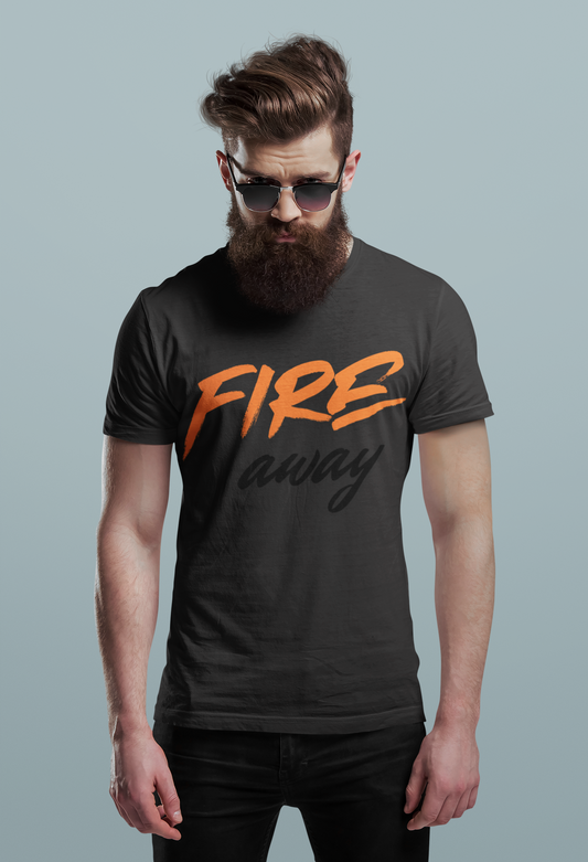 Black Nauma Fire Away t-shirt for men, bold orange brush typography graphic