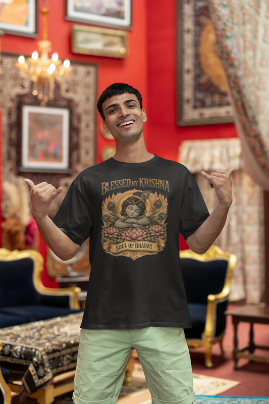 Black Krishna oversized t-shirt India 240 GSM cotton spiritual graphic tee Soul of Bharat design