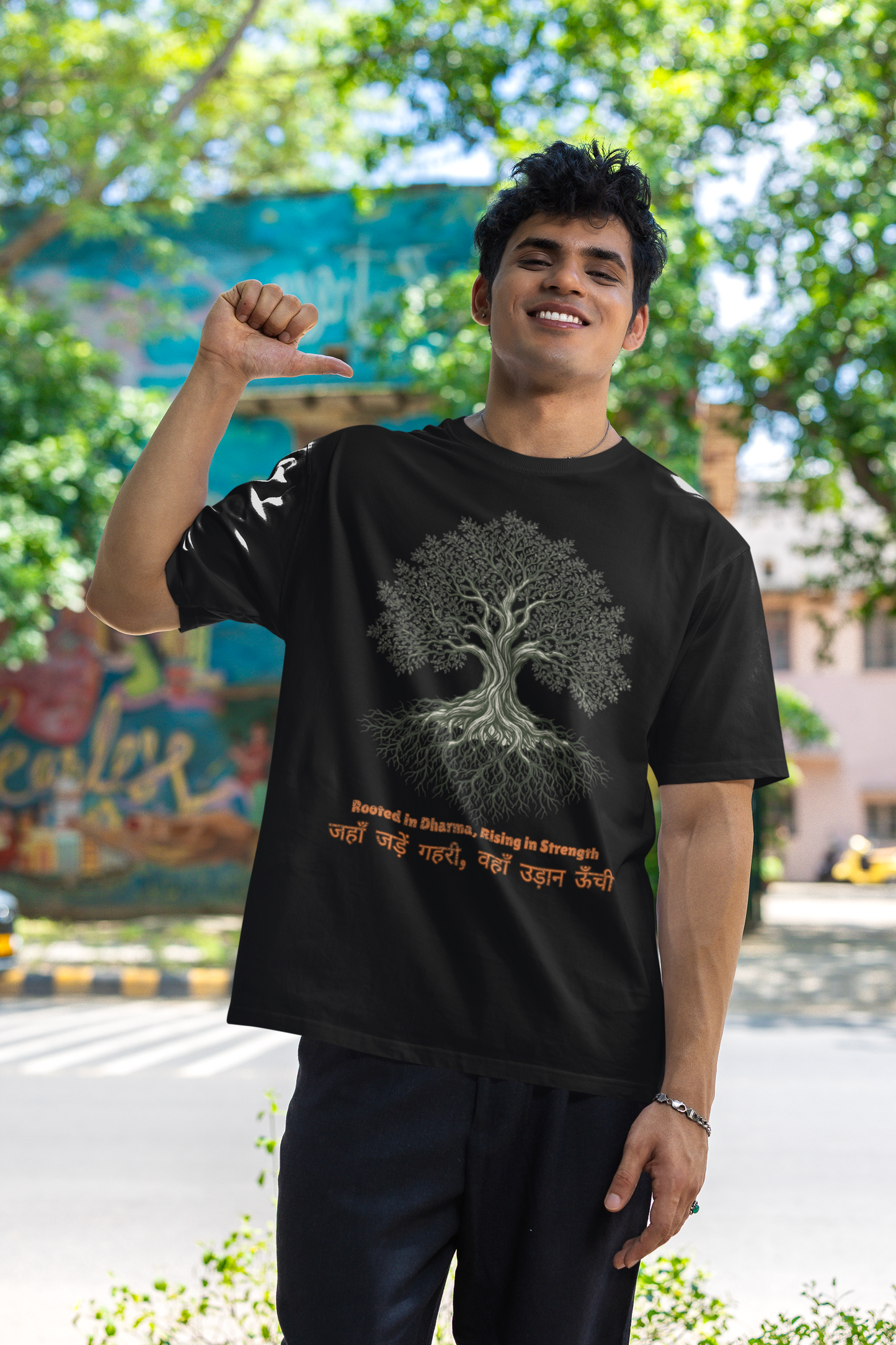 Black Men’s oversized Tree of Life graphic t-shirt with gnarled tree print, 100% cotton streetwear tee