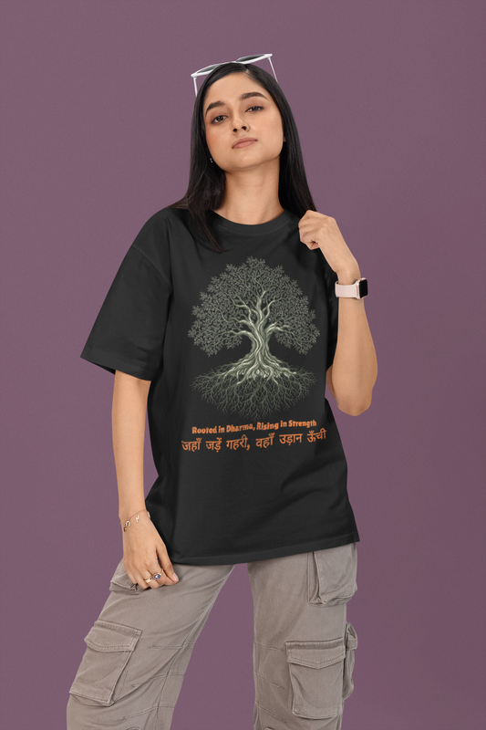 Black Women’s oversized Tree of Life graphic t-shirt with gnarled tree print, 100% cotton streetwear tee