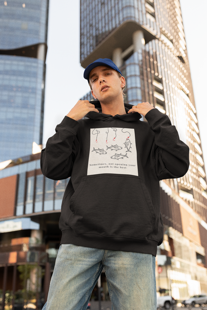 Black Oversized unisex hoodie with aesthetic fish graphic print, Gen Z streetwear style, relaxed fit sweatshirt India