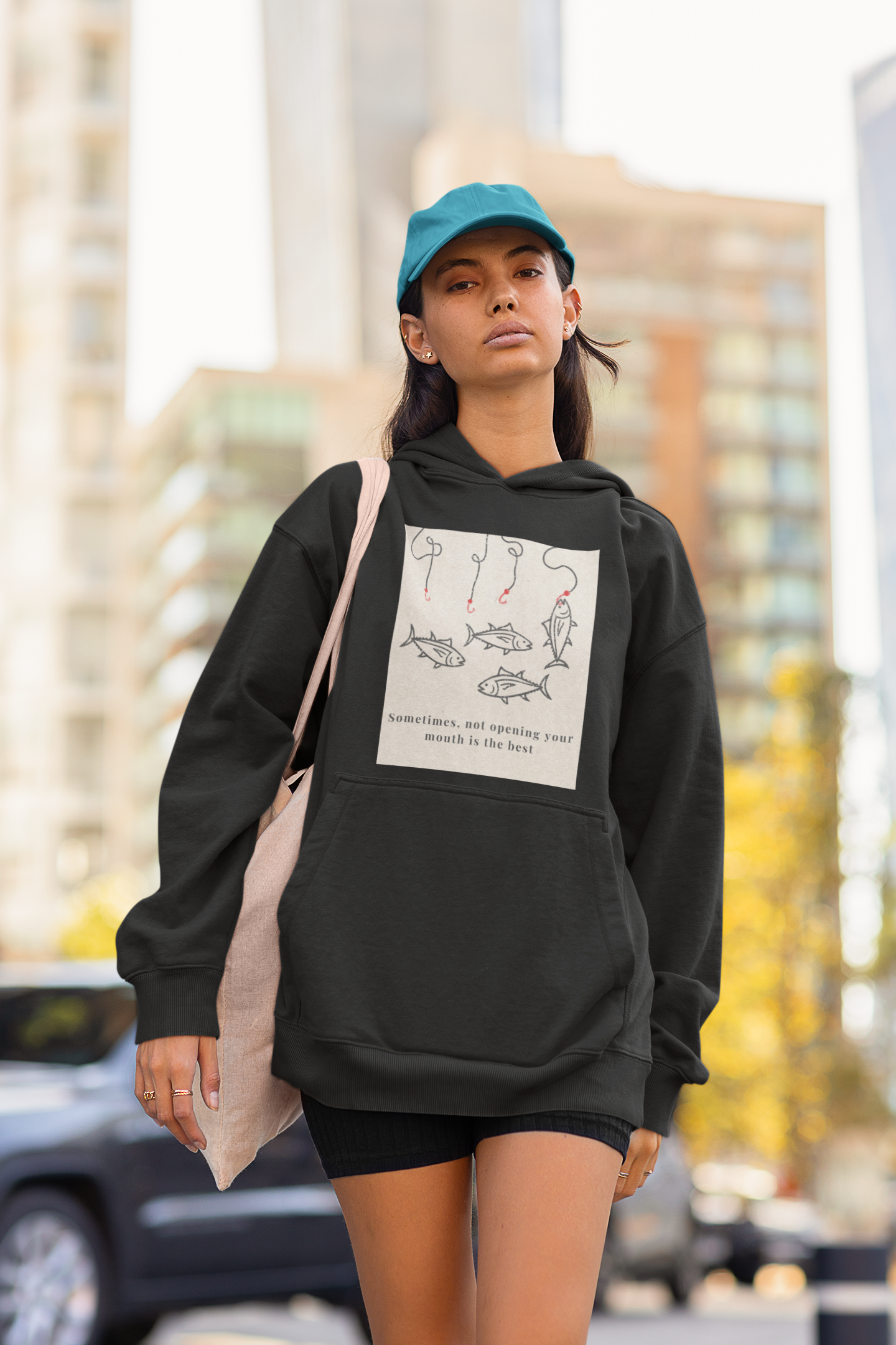 Black Oversized unisex hoodie with aesthetic fish graphic print, Gen Z streetwear style, relaxed fit sweatshirt India
