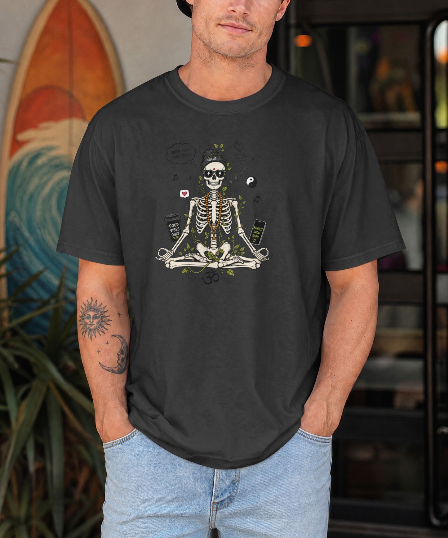Zen Skeleton Oversized T-Shirt in Black | Inner Peace Zero Stress Streetwear | Best Selling Black Tee