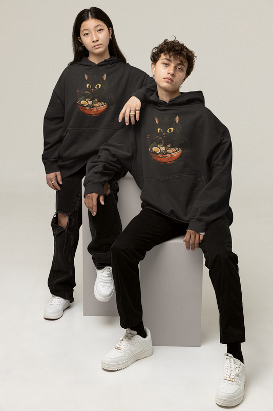 Cat Ramen Hoodie in Black – oversized unisex hoodie with black cat eating ramen graphic print