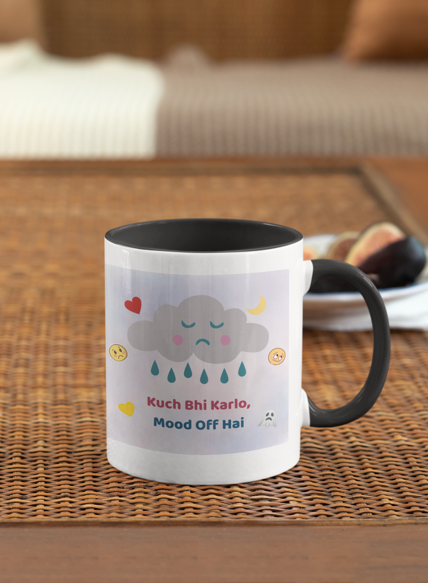 Cute sad cloud aesthetic mug with Hindi quote “Kuch Bhi Karlo Mood Off Hai” (11 oz)