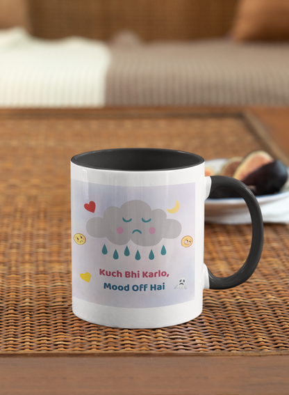 Cute sad cloud aesthetic mug with Hindi quote “Kuch Bhi Karlo Mood Off Hai” (11 oz)