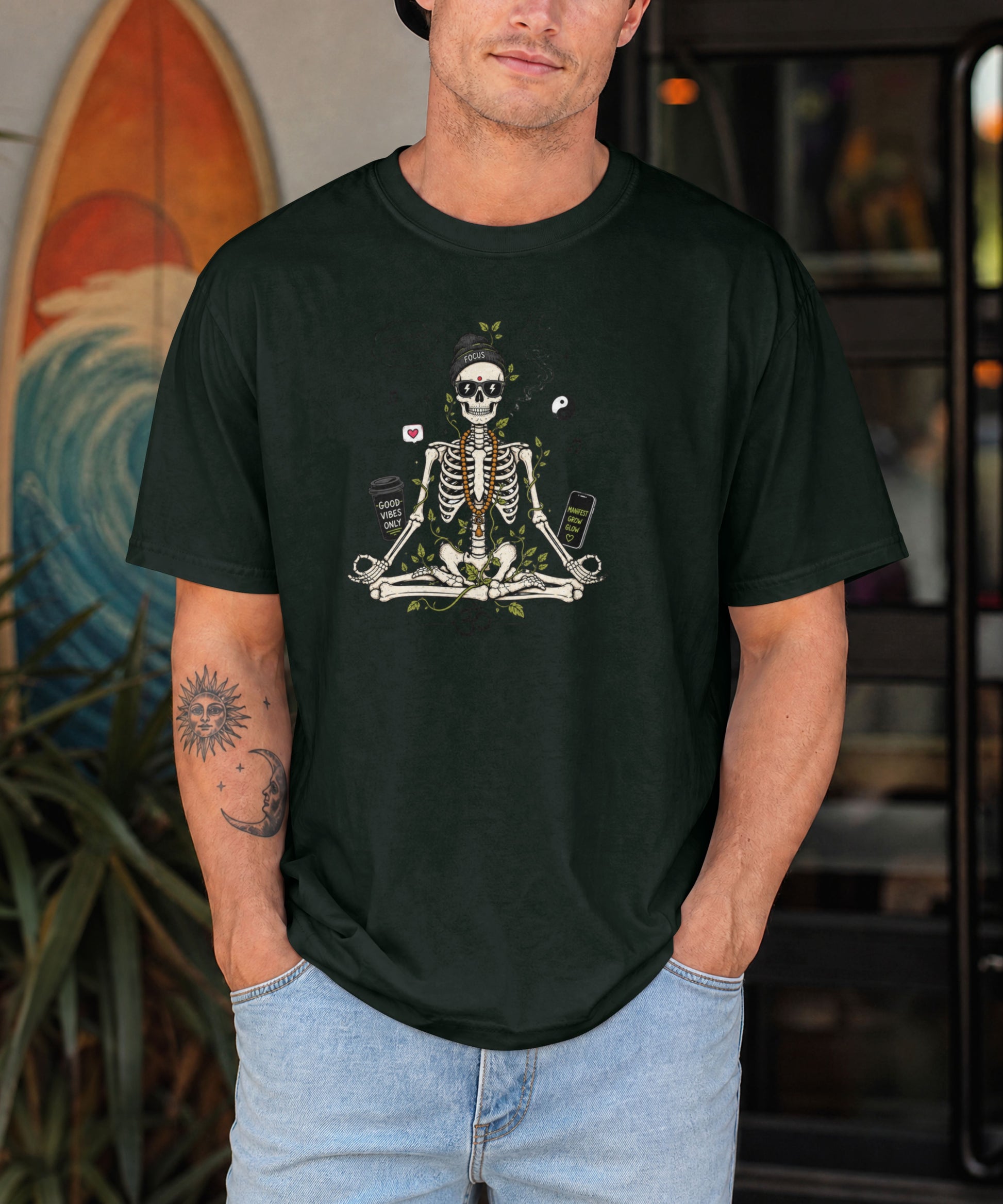 Zen Skeleton Oversized T-Shirt in Bottle Green | Good Vibes Only Meditation Design | Made in India