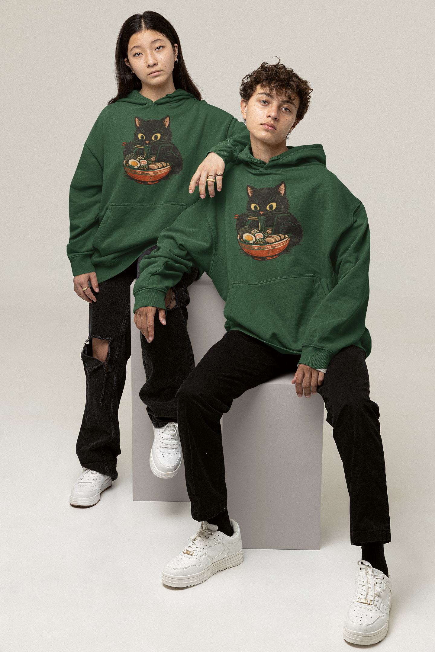 Cat Ramen Hoodie in Bottle Green – oversized unisex hoodie with black cat eating ramen graphic print