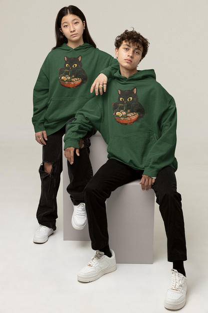 Cat Ramen Hoodie in Bottle Green – oversized unisex hoodie with black cat eating ramen graphic print