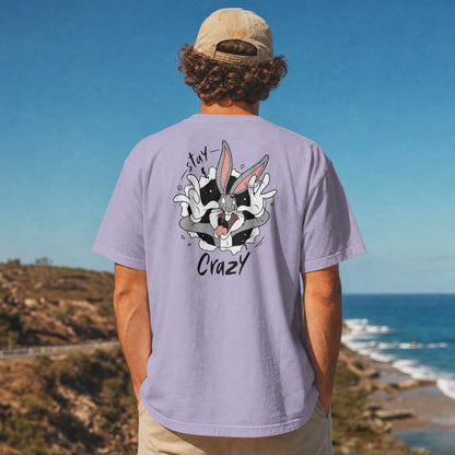 Lavender oversized unisex t-shirt with a Stay Crazy Bugs Bunny graphic breaking through the fabric, back view