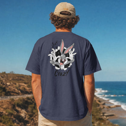 Navy Blue oversized unisex t-shirt with a Stay Crazy Bugs Bunny graphic breaking through the fabric, back view