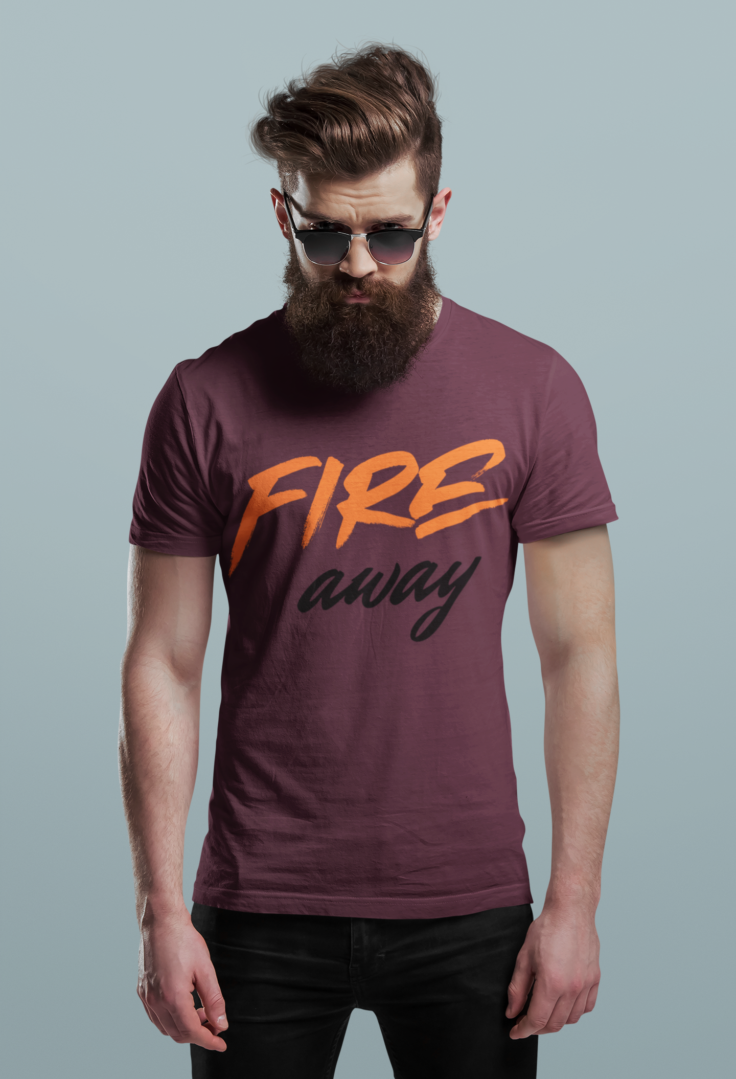 Burgundy Nauma Fire Away typography t-shirt for men, orange and black graphic tee