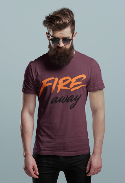 Burgundy Nauma Fire Away typography t-shirt for men, orange and black graphic tee