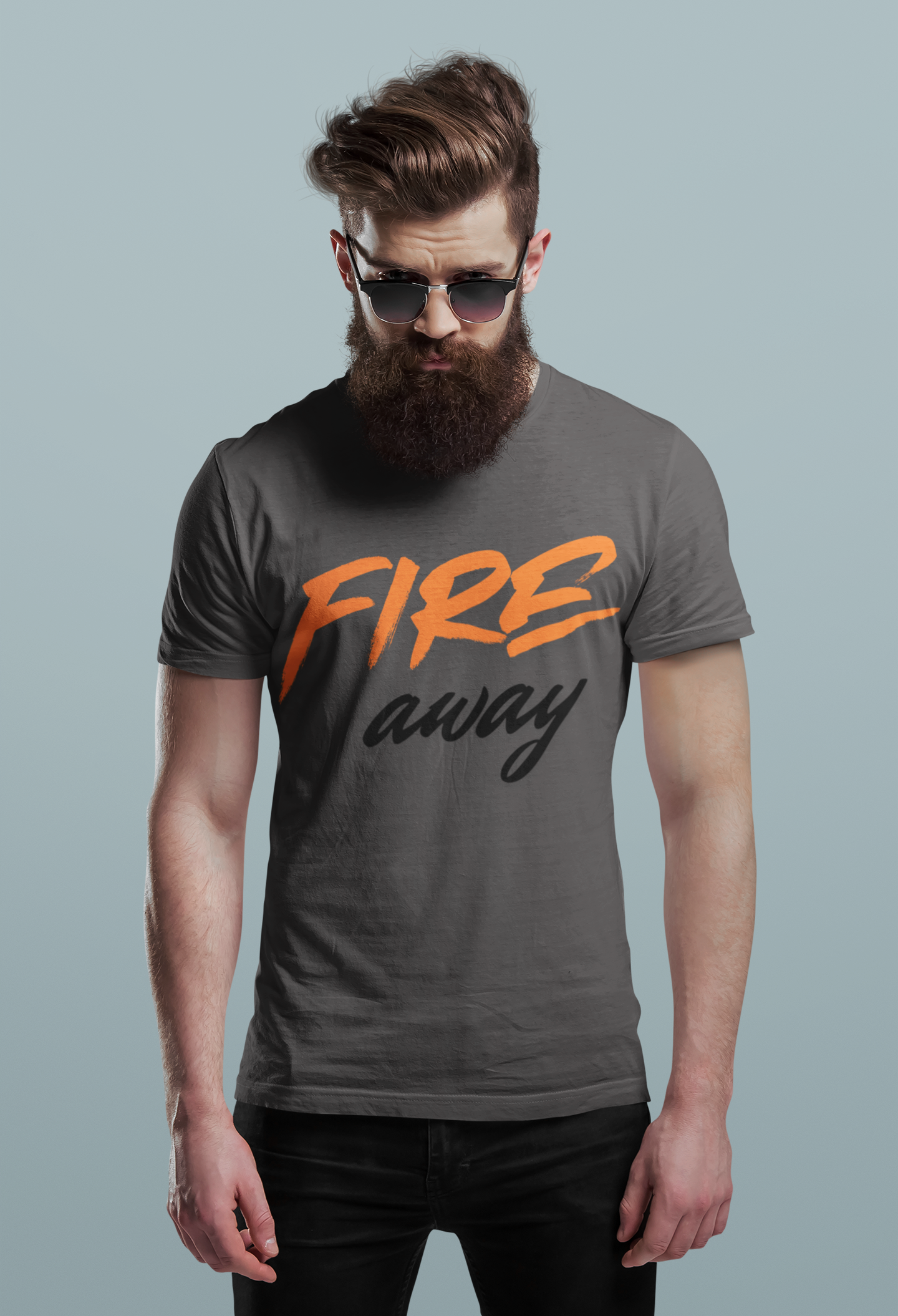 Charcoal Grey Nauma Fire Away typography t-shirt for men, orange and black graphic tee