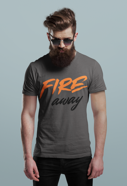 Charcoal Grey Nauma Fire Away typography t-shirt for men, orange and black graphic tee