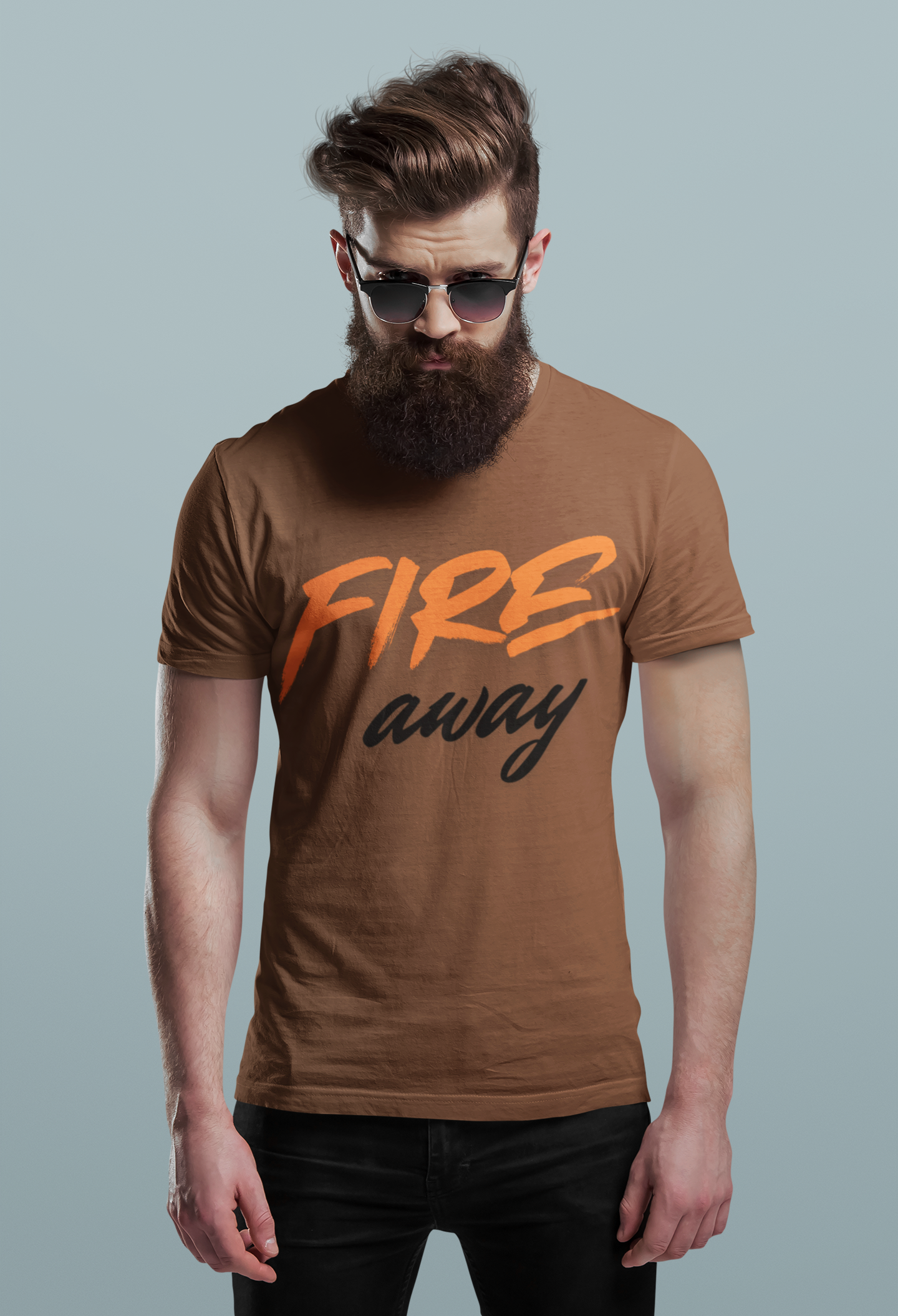 Coffee Brown Nauma Fire Away typography t-shirt for men, orange and black graphic tee