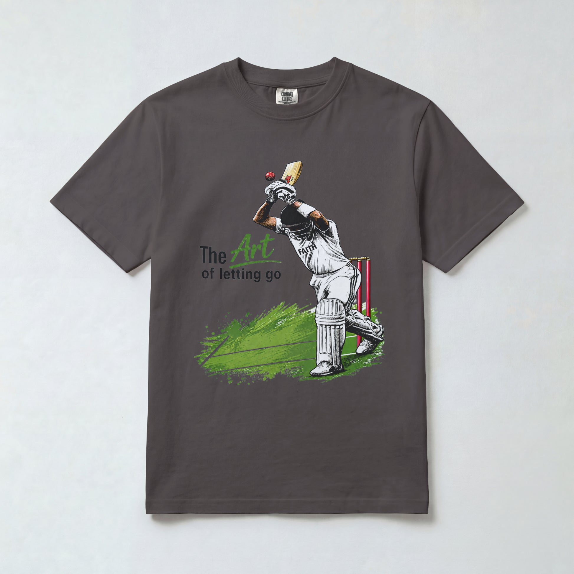 Charcoal Grey Nauma The Art of Letting Go men's cricket t-shirt front view