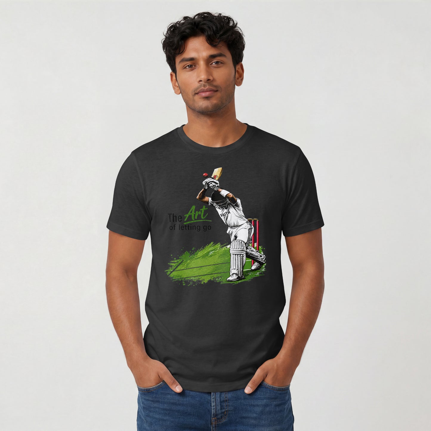 Black Man wearing The Art of Letting Go cricket graphic t-shirt by Nauma