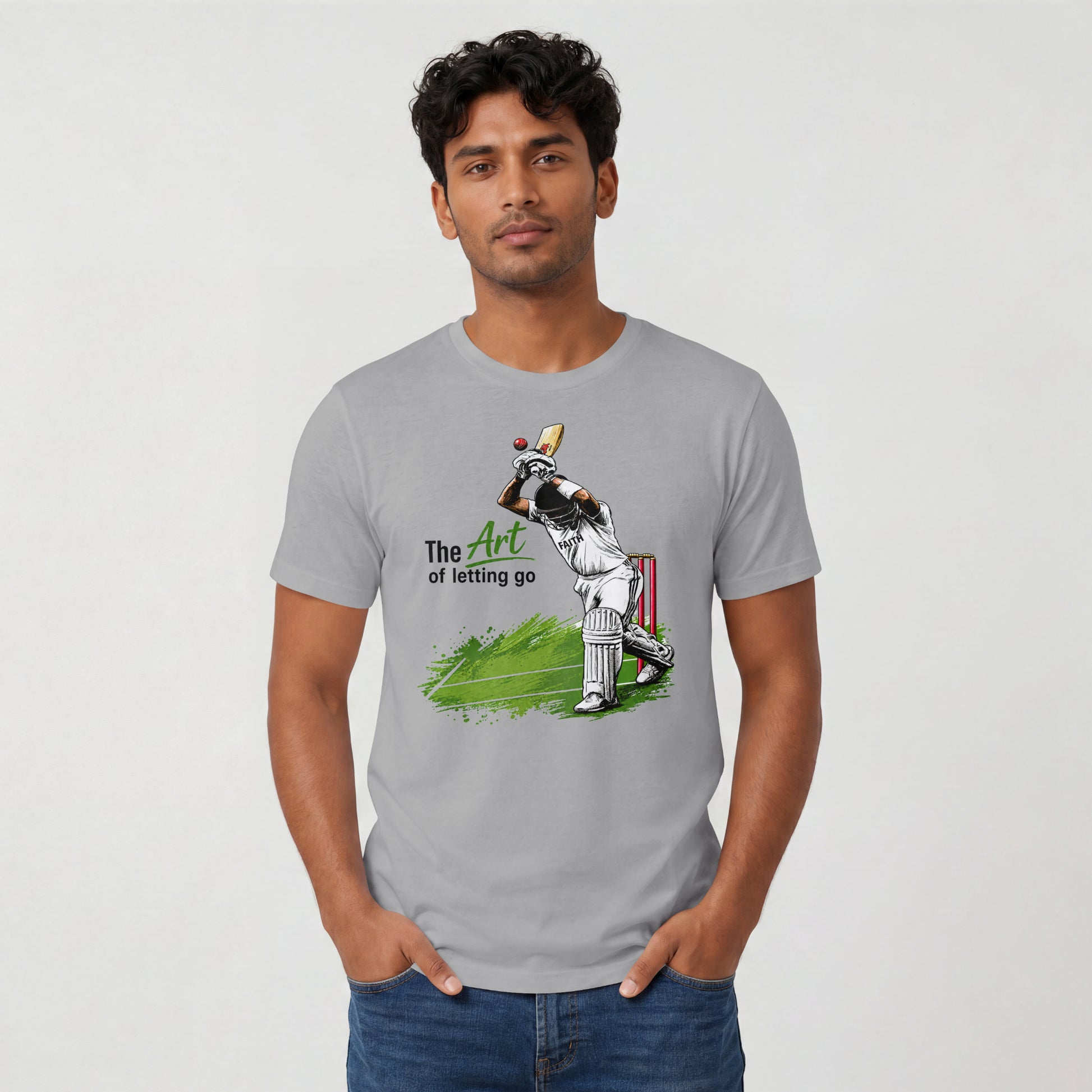Melange Grey Man wearing The Art of Letting Go cricket graphic t-shirt by Nauma