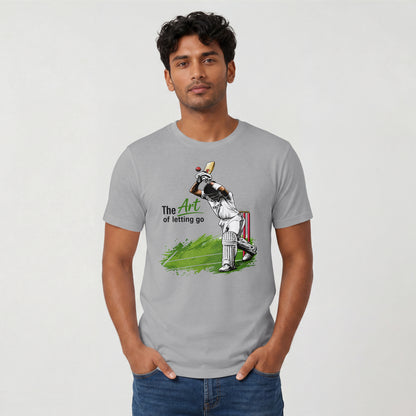 Melange Grey Man wearing The Art of Letting Go cricket graphic t-shirt by Nauma