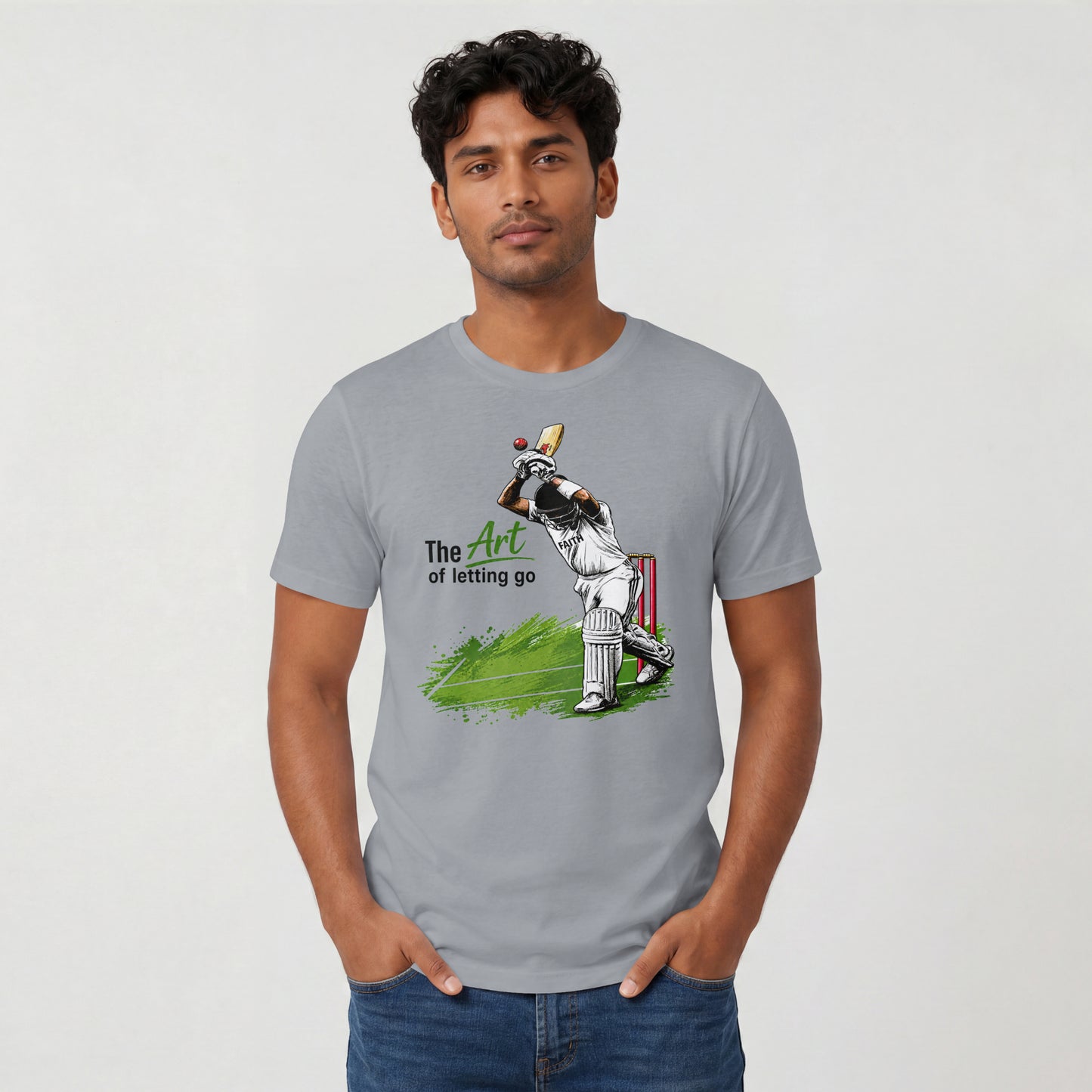 Silver Frost Man wearing The Art of Letting Go cricket graphic t-shirt by Nauma